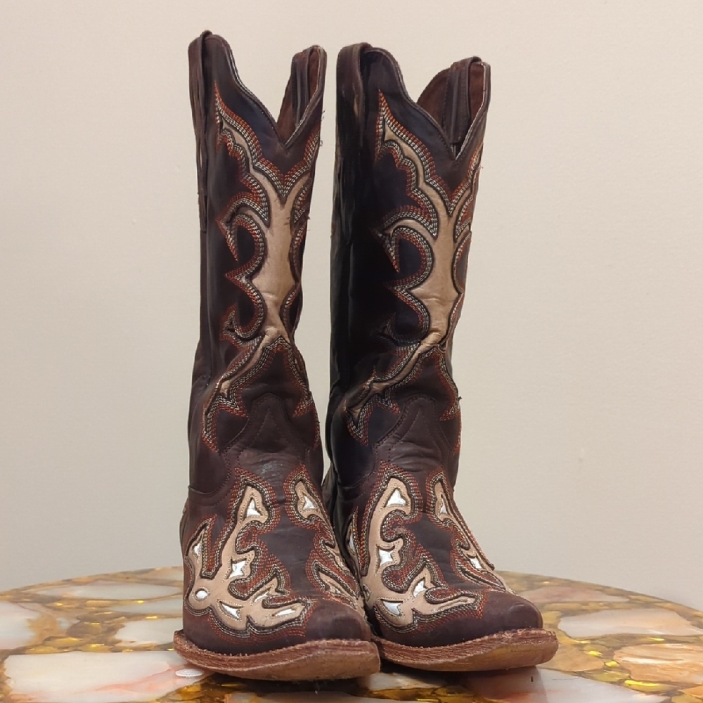 Brown and Cream Leather Cowboy Boots